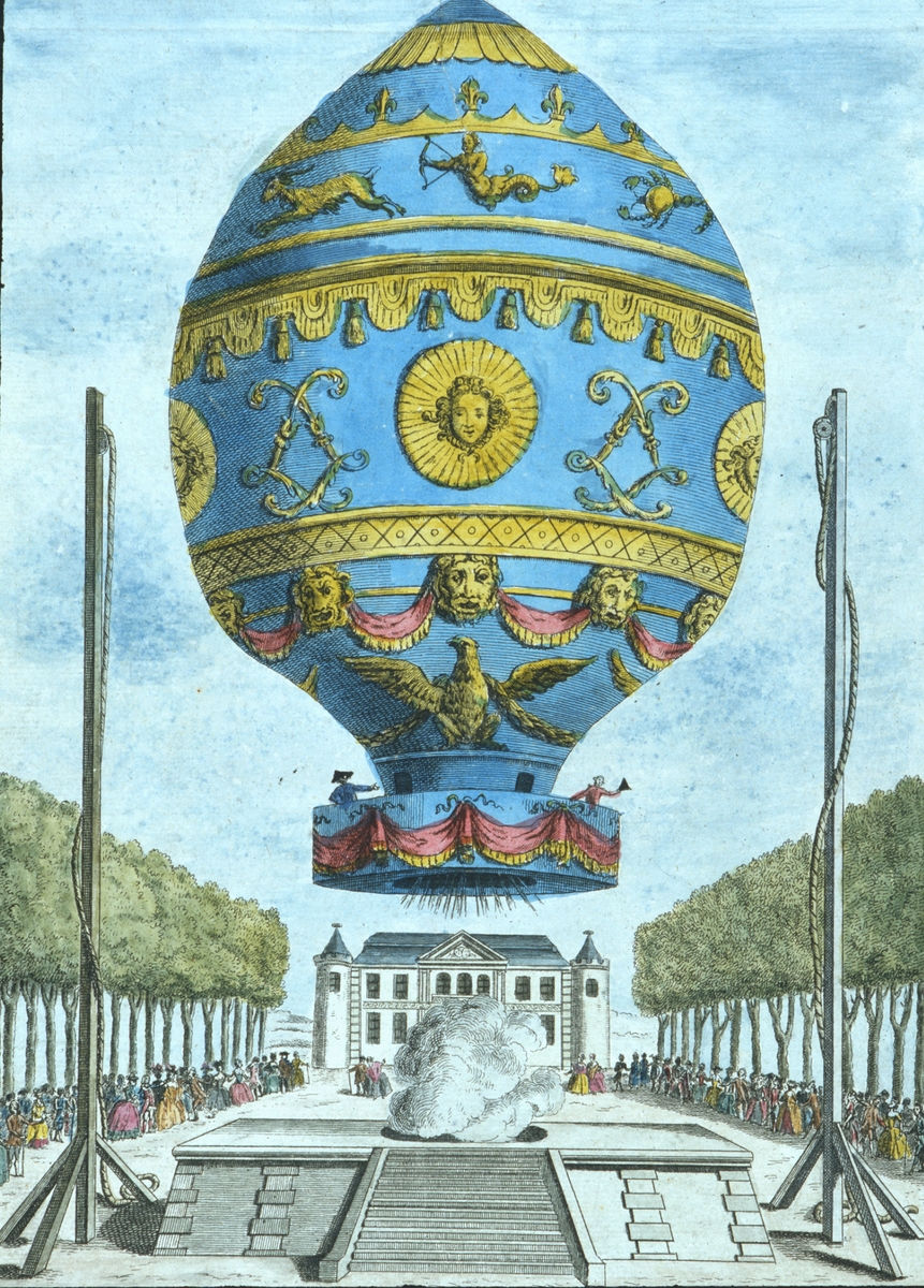 Den första ballonguppstigningen i historien med passagerare.
Fransmännen Rozier och d'Arlandes i en varmluftsballong utanför Paris den 21 november 1783. Montgolfiers konstruktion.