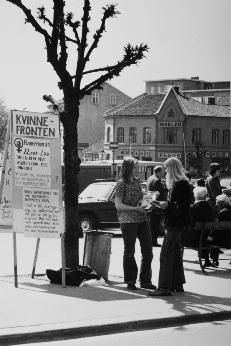 Kvinnefronten, stand på Stortorget, Hamar. Abortloven.