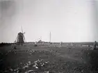 Gravfält vid odlingslandskap, stenmur och väderkvarn (holländare) i Strandtorp.