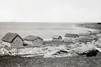 Sjöbodar vid stranden. Kalksten med tångtak. Blå Jungfrun i bakgrunden.