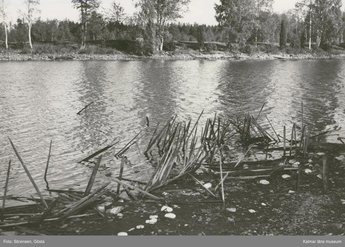 Fynd av rest av fiskeanläggning vid lågvatten i gölen 1959.