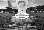 Karlsborg, arméns fallskärmsjägarskola, från gamla lägret (numera rivet) samt hoppare vid Flugebyfältet. Vykort.