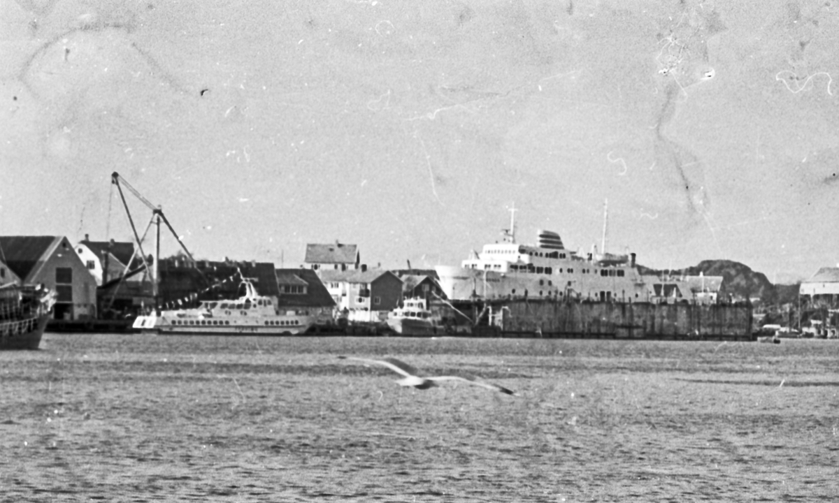 Westamaranen "Tryving". DSD-bygget i Stavanger. "Tryving" ved kai sammen med ferjen "Skudenes". En av besetningen.