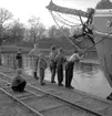 Hjo, 1959.
Denna del av hamnen är ombygd och här ligger nu  utomhusbadet. Hjo Stadspark med nuvarande Bellevueterassen skymtar i bakgrunden.