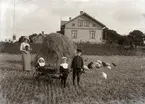 Fru Johansson och barnen samt några höns på en åker intill skolhuset.