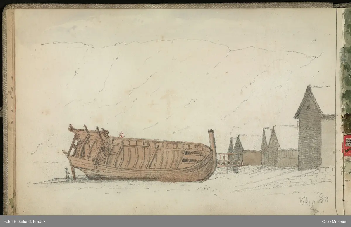 Innbundet skissebok med blyantskisser og malte skisser fra Vikøyri, Vik i Sogn og Hove steinkirke.