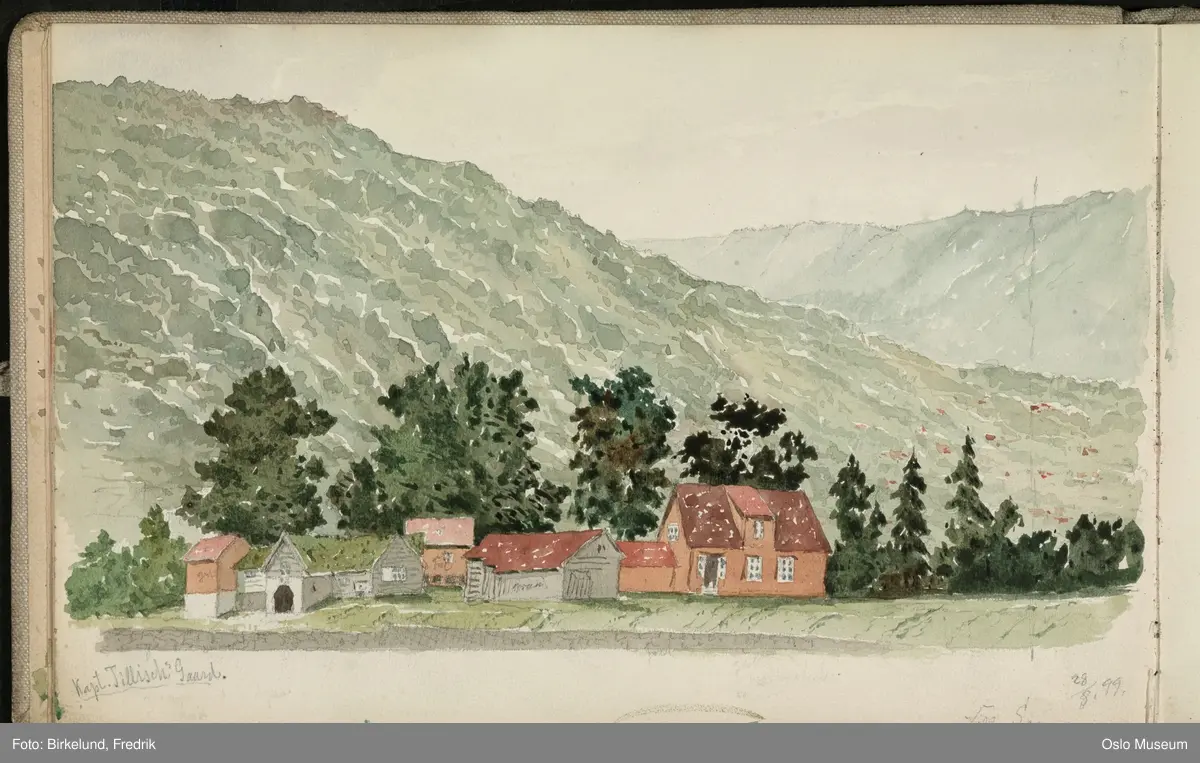 Innbundet skissebok med blyantskisser og malte skisser fra Vikøyri, Vik i Sogn og Hove steinkirke.
