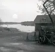 Bild tagen vid Bussvik, stuga och cykel.