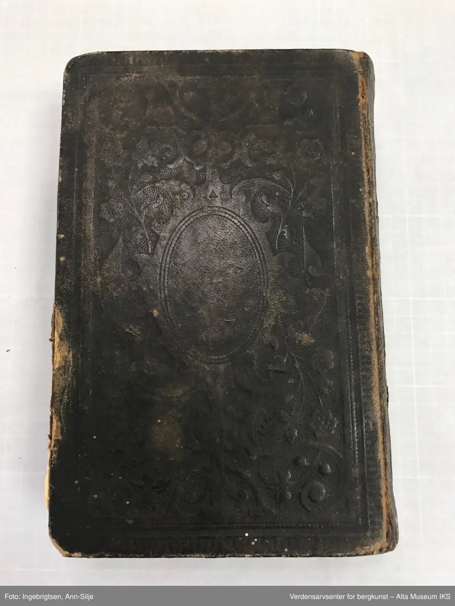 Stor bibel med skinntrekk. På permen er det kartusjmotiv.