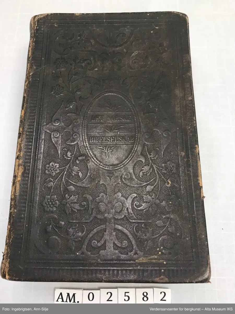 Stor bibel med skinntrekk. På permen er det kartusjmotiv.