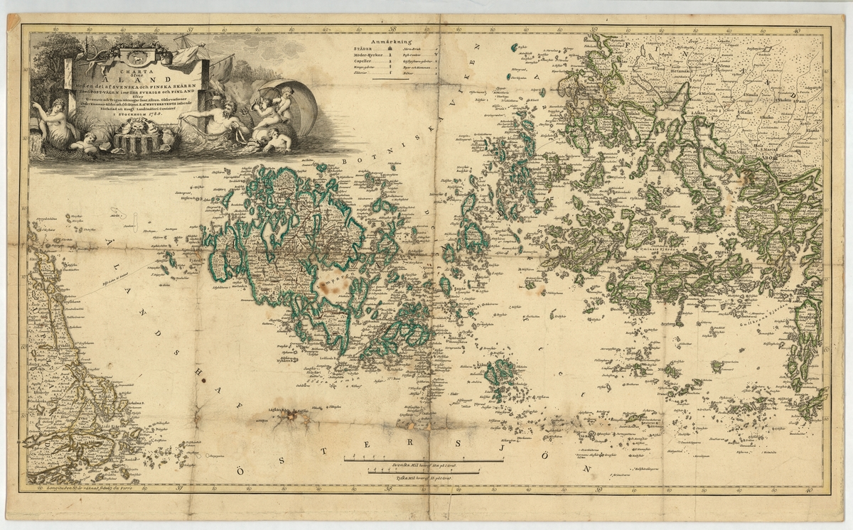 Karta över Åland och den omgivande svenska och finska skärgården, även de yttersta delarna av ländernas fastland avbildas.
På kartan är postvägen mellan Sverige och Finland, över Grisslehamn och Eckerö utmärkt.