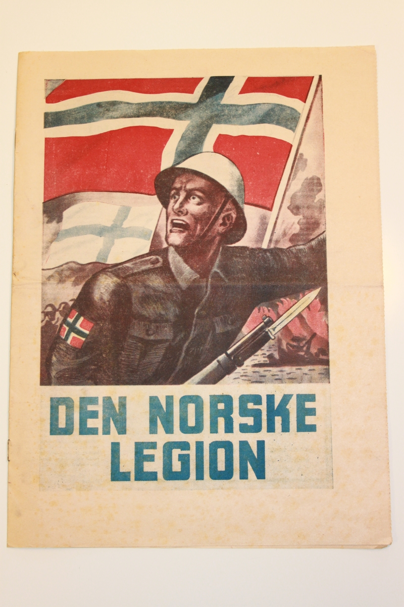Forside. Mann m/hjelm og norsk flagg på ermet til uniformen, mot en bakgrunn av norsk flagg, finsk flagg og flammer i bakgrunnen. Tekst under i blått.