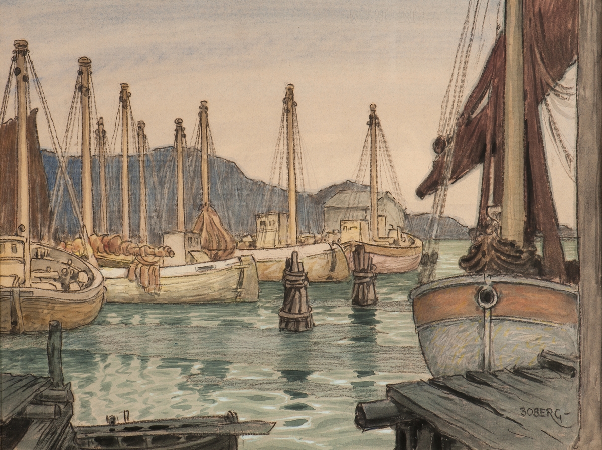 Fiskebåtar i hamn. Gravarnes fiskläge.