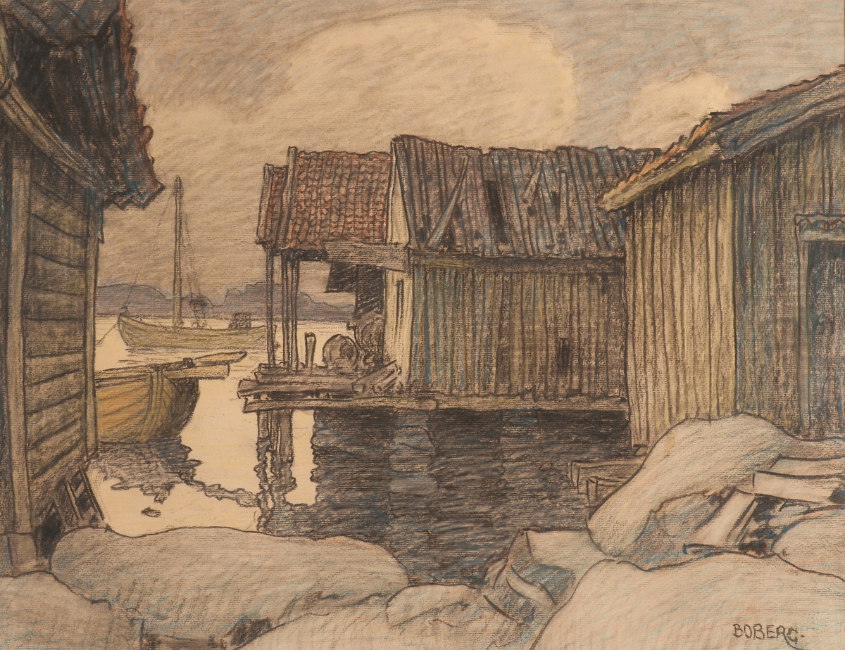 Sjöbodar och fiskebåtr i Käringöns fiskläge.