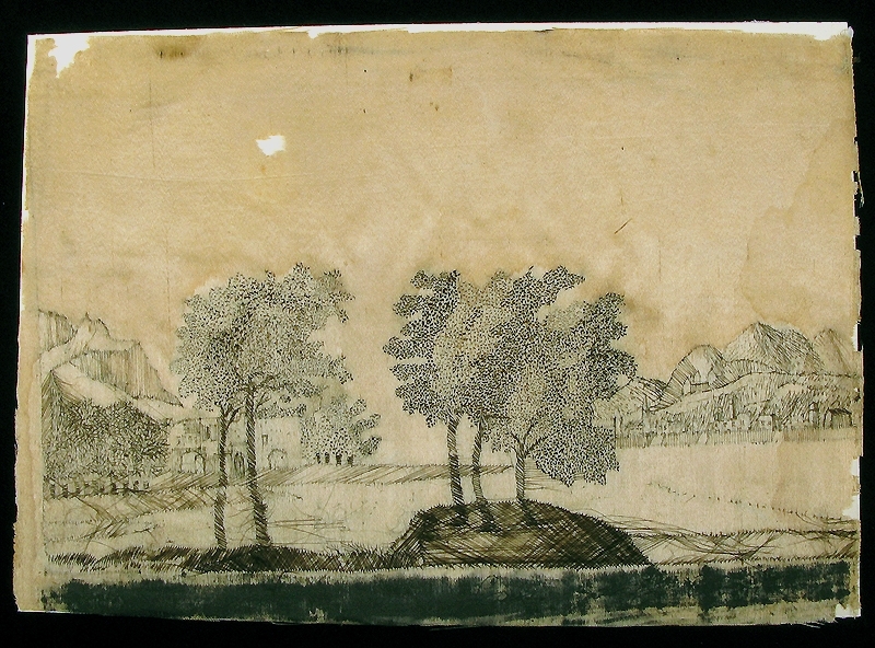 Broderade sidentavlor. Ram av trä, glas framför.
a) Motiv: ett timrat gårdskomplex med ett hästekipage framför. Mått: längd 17,5 cm, bredd 12,5 cm.
b) Motiv: två träd i bildens framkant samt klippor och byggnader i bakgrunden. Mått: längd 20 cm, bredd 14,5 cm.