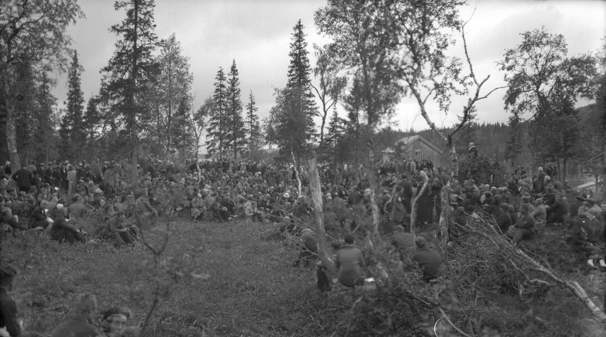 Bondestevne på Majavatn på 1934. Mye folk sittende i skogen.