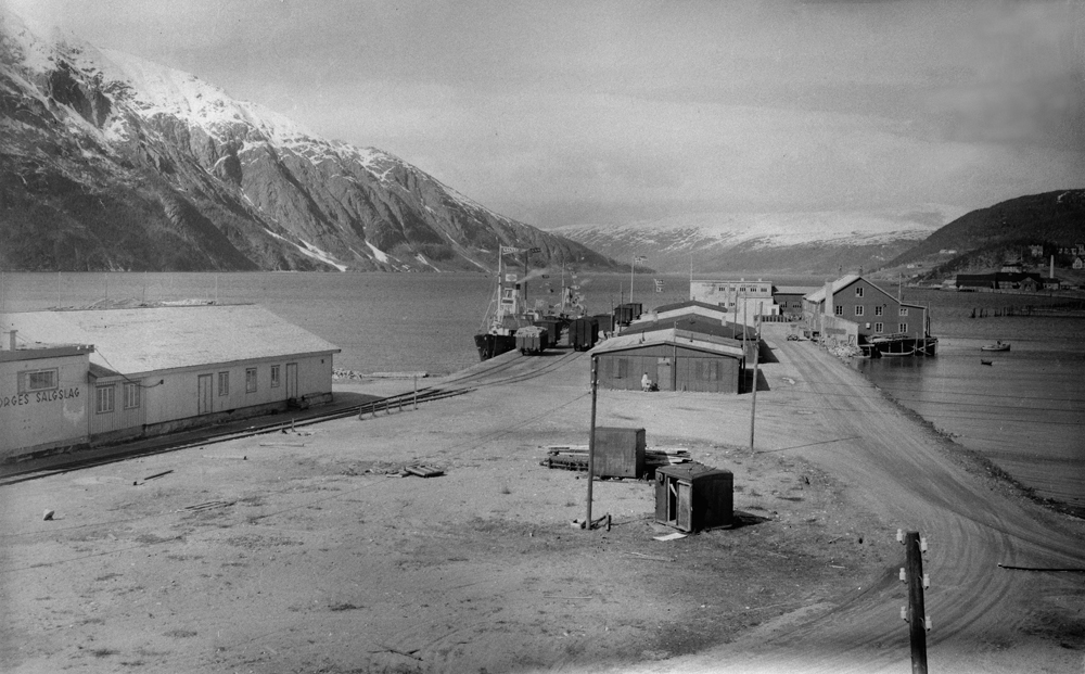 Utsikt over jernbanekaia og fjorden fra lokstallen.
Til venstre ser vi Nord Norges Salgslag.