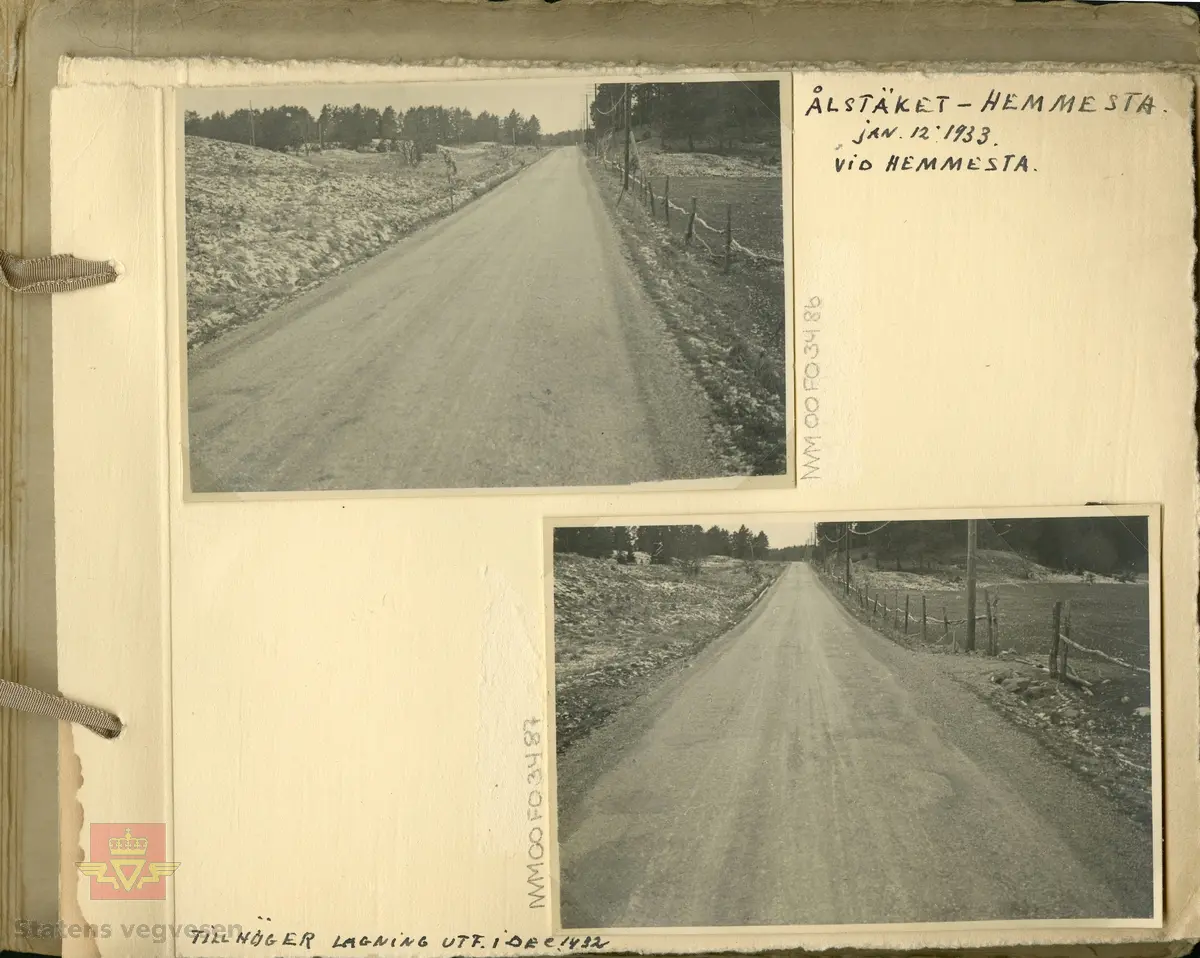 Album "Till Veidirektør Andreas Baalsrud,  Fr. A.S.W. Odelberg, Gustavsberg, Sverige. Oslo 4 feb 1933. Försök: Tiärinbränkt grusbana. 1932". Informasjon til bildene er skrevet for hånd. Innholdet i albumet viser tjærebehandling av veger i Sverige. Ref. til tre artikler i "Meddelelser av Veidirektøren", Nr. 11-November 1933. "Om tjærebehandling av veier, særlig med henblikk på den nye svenske metode," av avdelingsingeniør Axel Keim, side 163. "Billige  veidekker. Beretning om en studietur til Sverige og Danmark", av ingeniør Th. Resen-Fellie, side 168. Og på samme side fortsetter artkkelen  "Tjærebehandling av veier i Sverige", som er omtalt fra dette album. En ny metode for tjærebehandling av svenske grusveger er kort beskrevet I "Meddelelser fra Veidirektøren", Nr. 8-August 1932, side 130, og som knyttes til de andre artiklene.  Se vedlegg i nedlastinger.