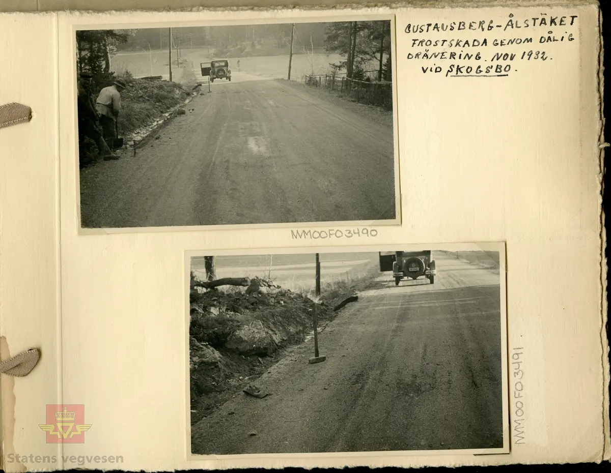 Album "Till Veidirektør Andreas Baalsrud,  Fr. A.S.W. Odelberg, Gustavsberg, Sverige. Oslo 4 feb 1933. Försök: Tiärinbränkt grusbana. 1932". Informasjon til bildene er skrevet for hånd. Innholdet i albumet viser tjærebehandling av veger i Sverige. Ref. til tre artikler i "Meddelelser av Veidirektøren", Nr. 11-November 1933. "Om tjærebehandling av veier, særlig med henblikk på den nye svenske metode," av avdelingsingeniør Axel Keim, side 163. "Billige  veidekker. Beretning om en studietur til Sverige og Danmark", av ingeniør Th. Resen-Fellie, side 168. Og på samme side fortsetter artkkelen  "Tjærebehandling av veier i Sverige", som er omtalt fra dette album. En ny metode for tjærebehandling av svenske grusveger er kort beskrevet I "Meddelelser fra Veidirektøren", Nr. 8-August 1932, side 130, og som knyttes til de andre artiklene.  Se vedlegg i nedlastinger.