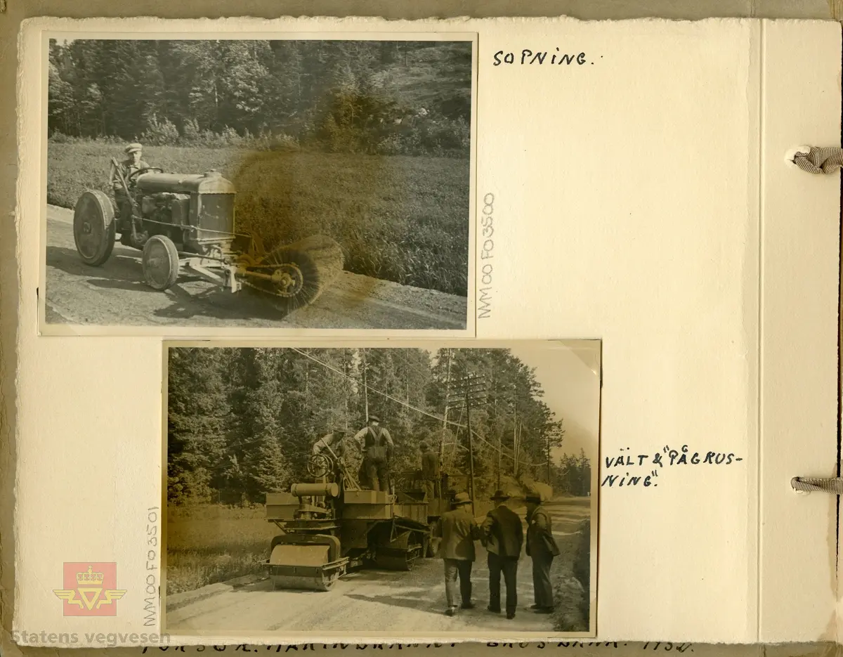 Album "Till Veidirektør Andreas Baalsrud,  Fr. A.S.W. Odelberg, Gustavsberg, Sverige. Oslo 4 feb 1933. Försök: Tiärinbränkt grusbana. 1932". Informasjon til bildene er skrevet for hånd. Innholdet i albumet viser tjærebehandling av veger i Sverige. Ref. til tre artikler i "Meddelelser av Veidirektøren", Nr. 11-November 1933. "Om tjærebehandling av veier, særlig med henblikk på den nye svenske metode," av avdelingsingeniør Axel Keim, side 163. "Billige  veidekker. Beretning om en studietur til Sverige og Danmark", av ingeniør Th. Resen-Fellie, side 168. Og på samme side fortsetter artkkelen  "Tjærebehandling av veier i Sverige", som er omtalt fra dette album. En ny metode for tjærebehandling av svenske grusveger er kort beskrevet I "Meddelelser fra Veidirektøren", Nr. 8-August 1932, side 130, og som knyttes til de andre artiklene.  Se vedlegg i nedlastinger.