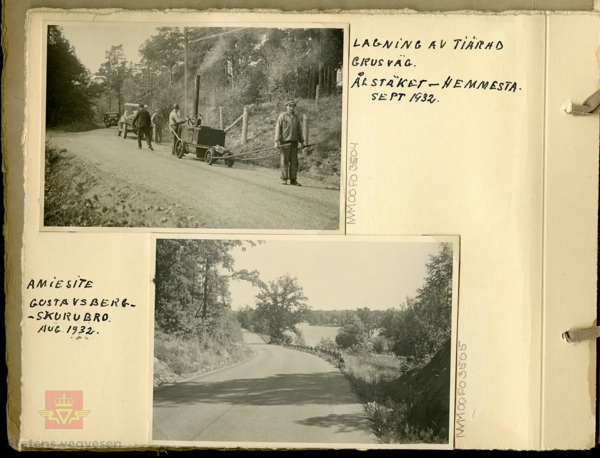 Album "Till Veidirektør Andreas Baalsrud,  Fr. A.S.W. Odelberg, Gustavsberg, Sverige. Oslo 4 feb 1933. Försök: Tiärinbränkt grusbana. 1932". Informasjon til bildene er skrevet for hånd. Innholdet i albumet viser tjærebehandling av veger i Sverige. Ref. til tre artikler i "Meddelelser av Veidirektøren", Nr. 11-November 1933. "Om tjærebehandling av veier, særlig med henblikk på den nye svenske metode," av avdelingsingeniør Axel Keim, side 163. "Billige  veidekker. Beretning om en studietur til Sverige og Danmark", av ingeniør Th. Resen-Fellie, side 168. Og på samme side fortsetter artkkelen  "Tjærebehandling av veier i Sverige", som er omtalt fra dette album. En ny metode for tjærebehandling av svenske grusveger er kort beskrevet I "Meddelelser fra Veidirektøren", Nr. 8-August 1932, side 130, og som knyttes til de andre artiklene.  Se vedlegg i nedlastinger.