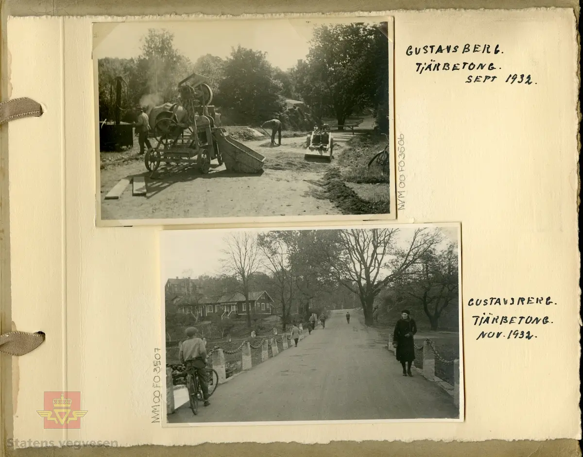 Album "Till Veidirektør Andreas Baalsrud,  Fr. A.S.W. Odelberg, Gustavsberg, Sverige. Oslo 4 feb 1933. Försök: Tiärinbränkt grusbana. 1932". Informasjon til bildene er skrevet for hånd. Innholdet i albumet viser tjærebehandling av veger i Sverige. Ref. til tre artikler i "Meddelelser av Veidirektøren", Nr. 11-November 1933. "Om tjærebehandling av veier, særlig med henblikk på den nye svenske metode," av avdelingsingeniør Axel Keim, side 163. "Billige  veidekker. Beretning om en studietur til Sverige og Danmark", av ingeniør Th. Resen-Fellie, side 168. Og på samme side fortsetter artkkelen  "Tjærebehandling av veier i Sverige", som er omtalt fra dette album. En ny metode for tjærebehandling av svenske grusveger er kort beskrevet I "Meddelelser fra Veidirektøren", Nr. 8-August 1932, side 130, og som knyttes til de andre artiklene.  Se vedlegg i nedlastinger.