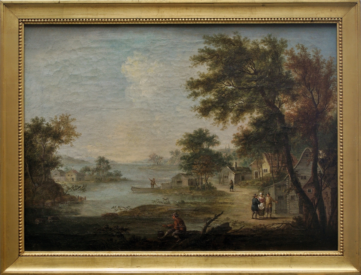 Landskap med staffagefigurer, i förgrunden metande man. Olja på duk, förgylld ram.