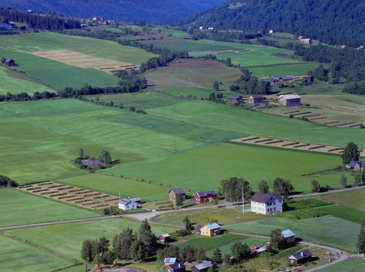 Sør-Fron, Harpefoss, Holumshagen. Åpent kulturlandskap, lite gårdsbruk, nyere hus. "Gammelskolen".