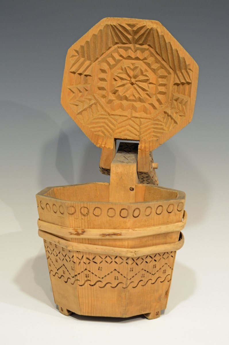 Fra katalog: Ottekantet smørkande og stav med hank og laak og tre smaa føtter, utvendig svimerket og en slynget ring oppe paa laaket, indvendig
rik rosette. Under staar brændemerket: A OSS 1823,