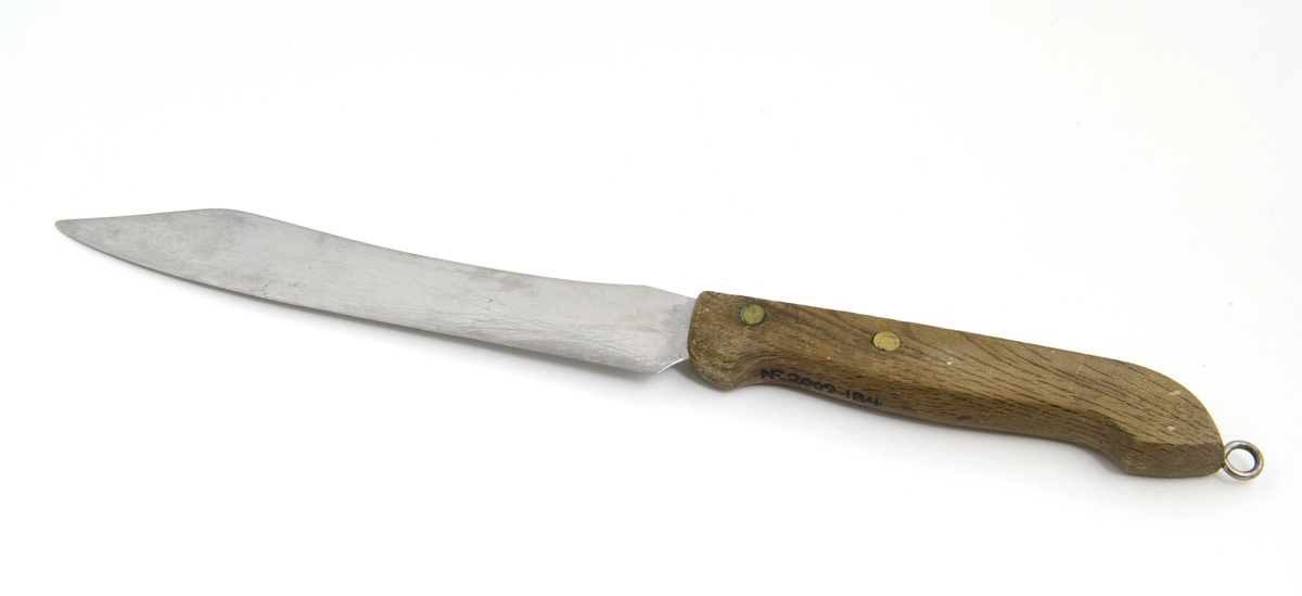 Kniv med blankt metallblad og brunbeige trehåndtak