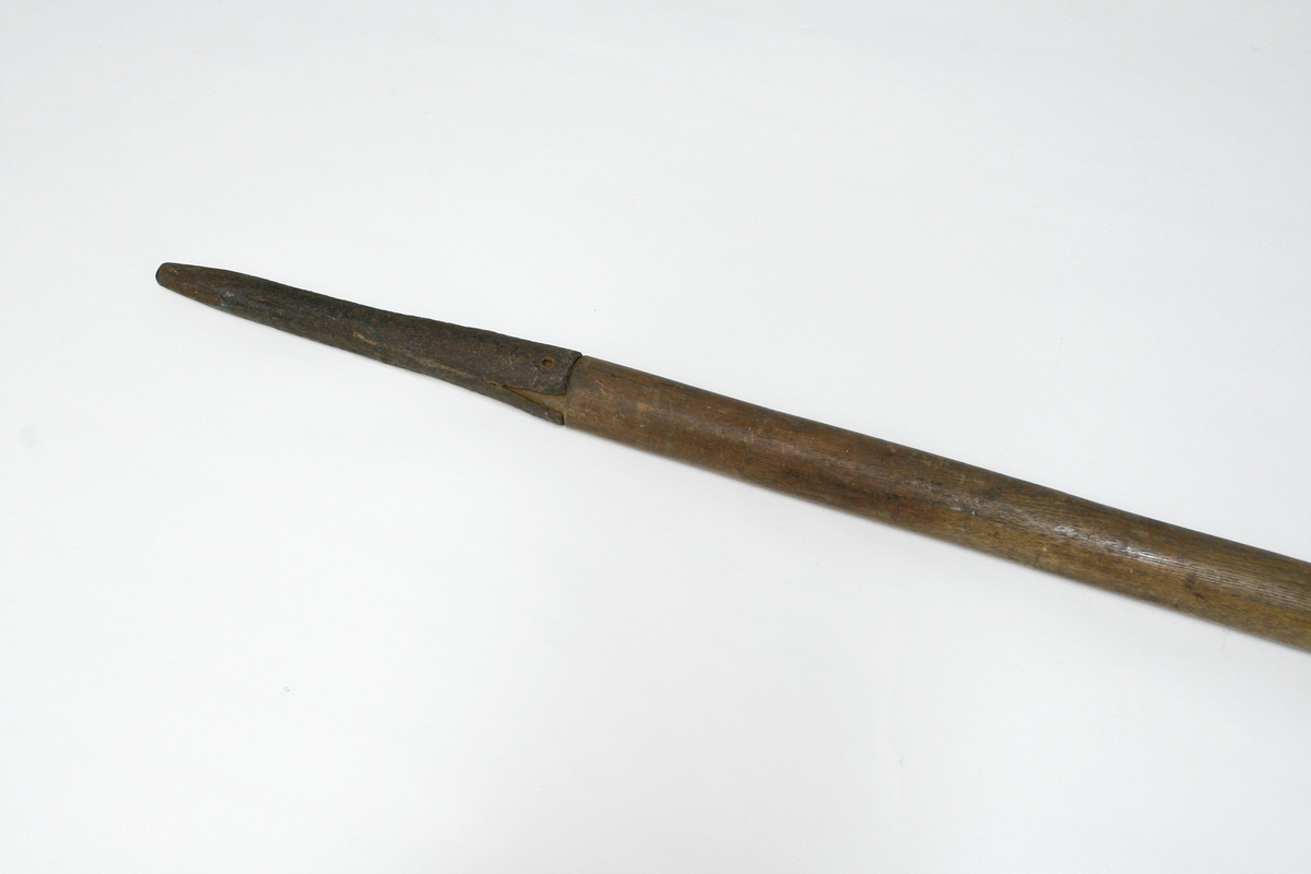 Trestav med kule i enden. Staven smalner nedover og ender i en spiss doppsko i jern.