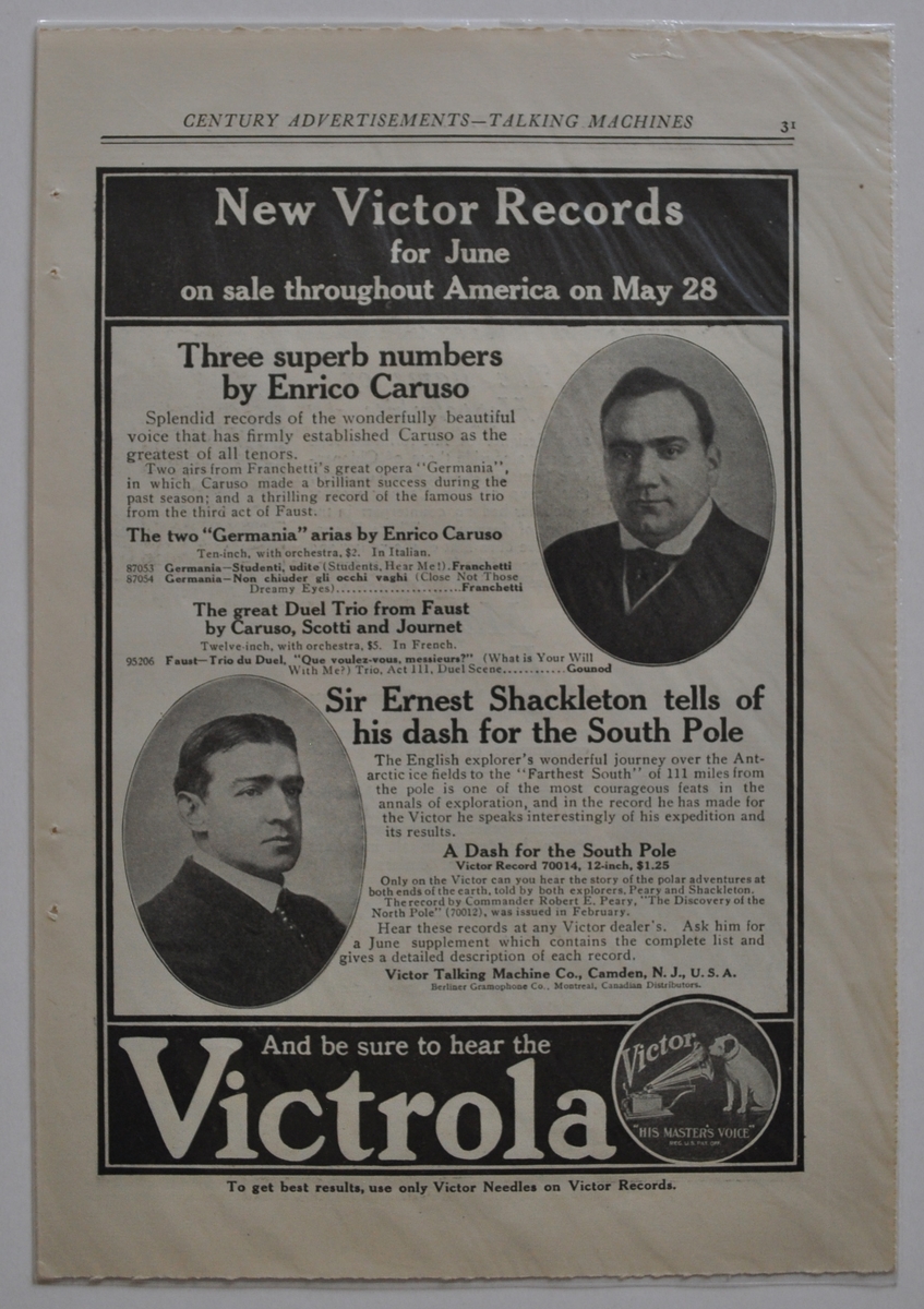 Reklam för olika produkter med utg punkt från polarforskare. Carl Zeiss kikare: "With Amundsen to the South pole!"; Eastman Kodak Company: "They doubted Columbus - but we believed Scott's photographs"; Victor Records: "Sir Ernest Shackleton tells of his dash for the South pole"; filmerna "Scott of the Antarctic", an Eagle Lions Release och "With Byrd at the South pole", a Paramount Picture samt Gilbert Paper Company