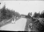 Promenerande kvinnor med blommor. Flicka sitter i vägkanten med blommor i händerna, Östhammar, Uppland. Tidigt 1900-tal.