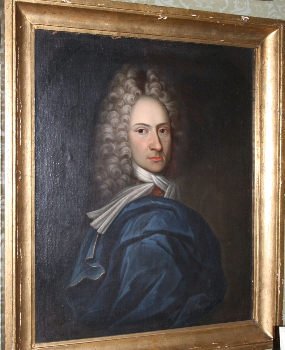 Mannsportrett. Brystbilde vendt mot h. m. kroppen i profil, iført sterkt blå taftkappe m.gullkant, hvitt halsbind, grå allongeparykk. Figuren malt inn i oval mot mørk bakgrunn. original bl. r. m. påskrift gml: Stelling, Provst og Sognepræst til Arendal, malet 1712 i sit 28de A   Lerret dublert, påmalt:   Diderik Stelling, Provst og Sogneprest i Arendal. født 13/2 1686, d  23/9 1756. 