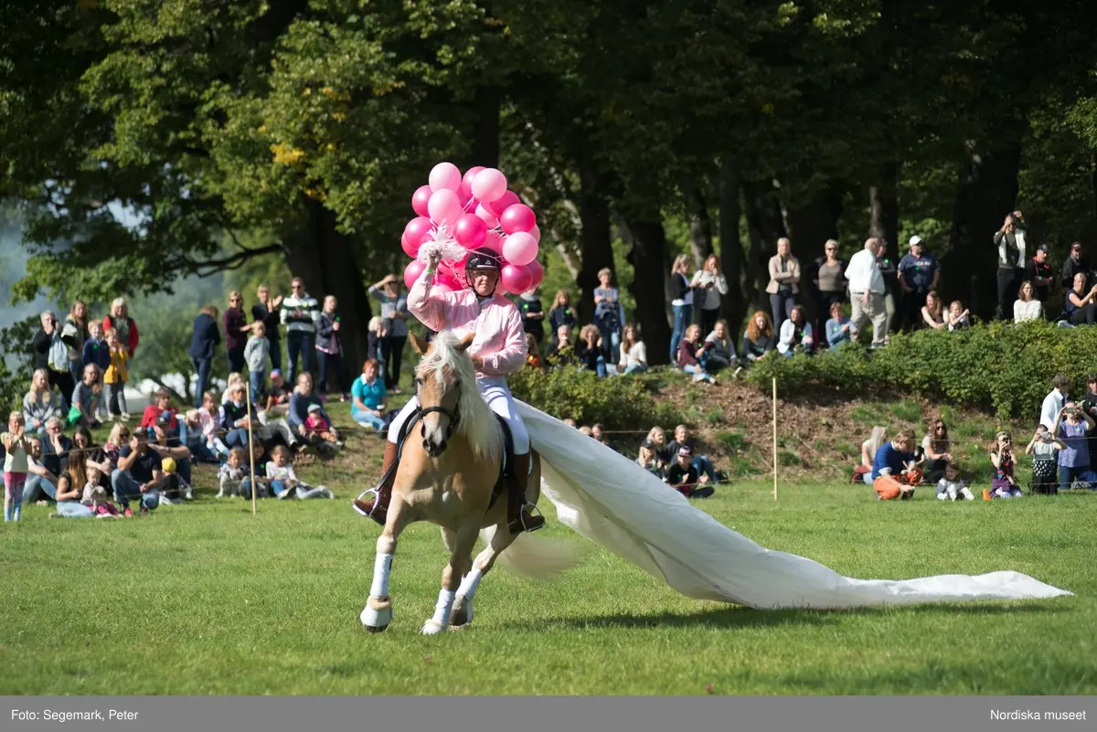 Hästfesten på Tyresö slott med konferencier Owe Sandström, Slottshästen. Hästar, ryttare och ekipage med vagn eller käpphäst tävlar och visar upp sig i parken bland åskådare som besöker evenemanget.
