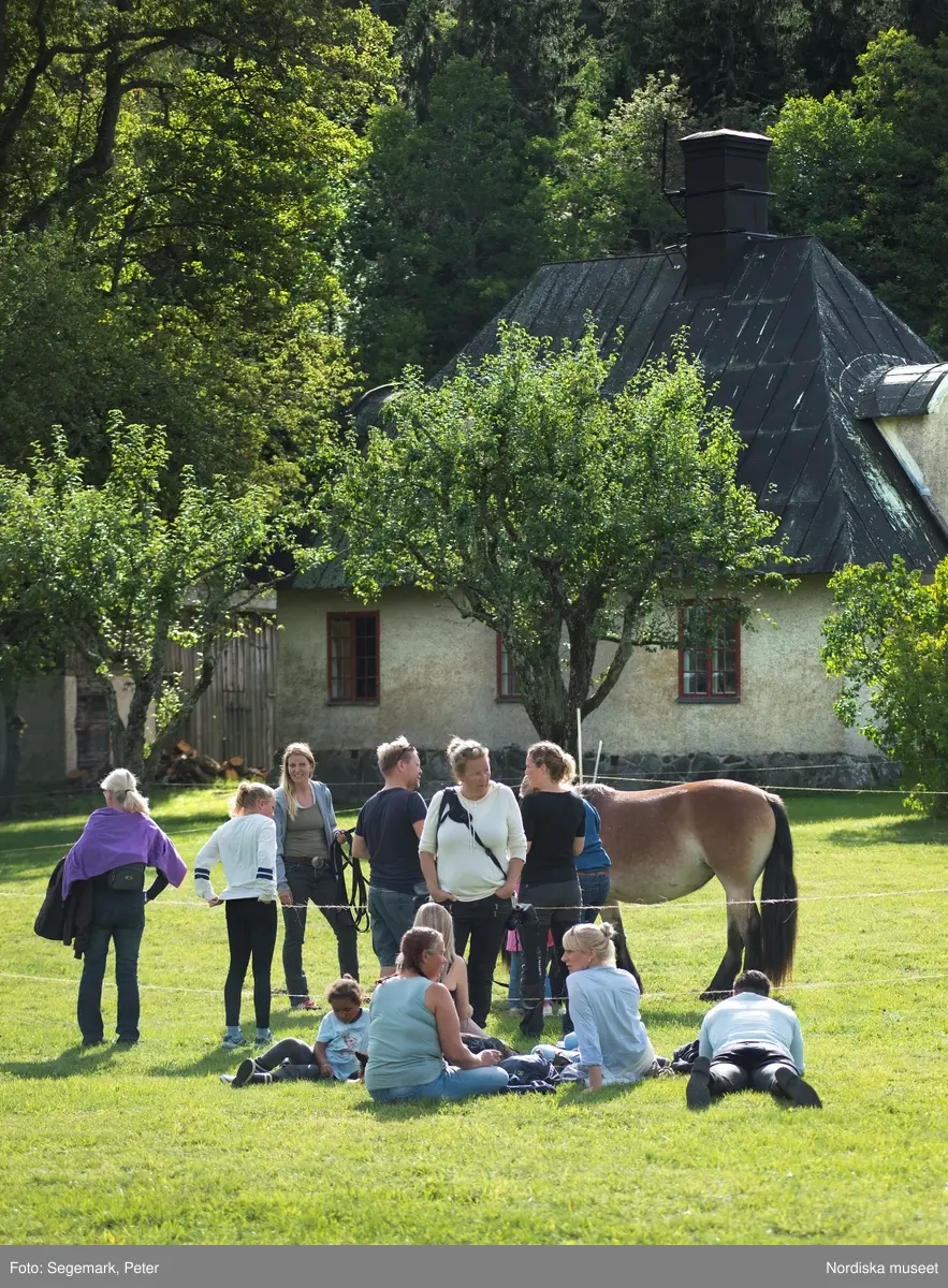 Hästfesten på Tyresö slott med konferencier Owe Sandström, Slottshästen. Hästar, ryttare och ekipage med vagn eller käpphäst tävlar och visar upp sig i parken bland åskådare som besöker evenemanget.