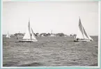 Jollar med segel deltar i en kappseglingstävling. I bakgrunden syns troligen Basareholmen med industribyggnader.