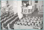 Bilder från Krigsmans erindran den 13/10 1951. Uniformsklädda flottister sitter i bänkkvarteren i Amiralitetskyrkan. I den åttkantiga predikstolen står amiralitetspastor Carl-Ossian Elmgård och predikar. Predikstolens sidor smyckas av kristna symboler. I taket hänger en ljuskrona av mässing.