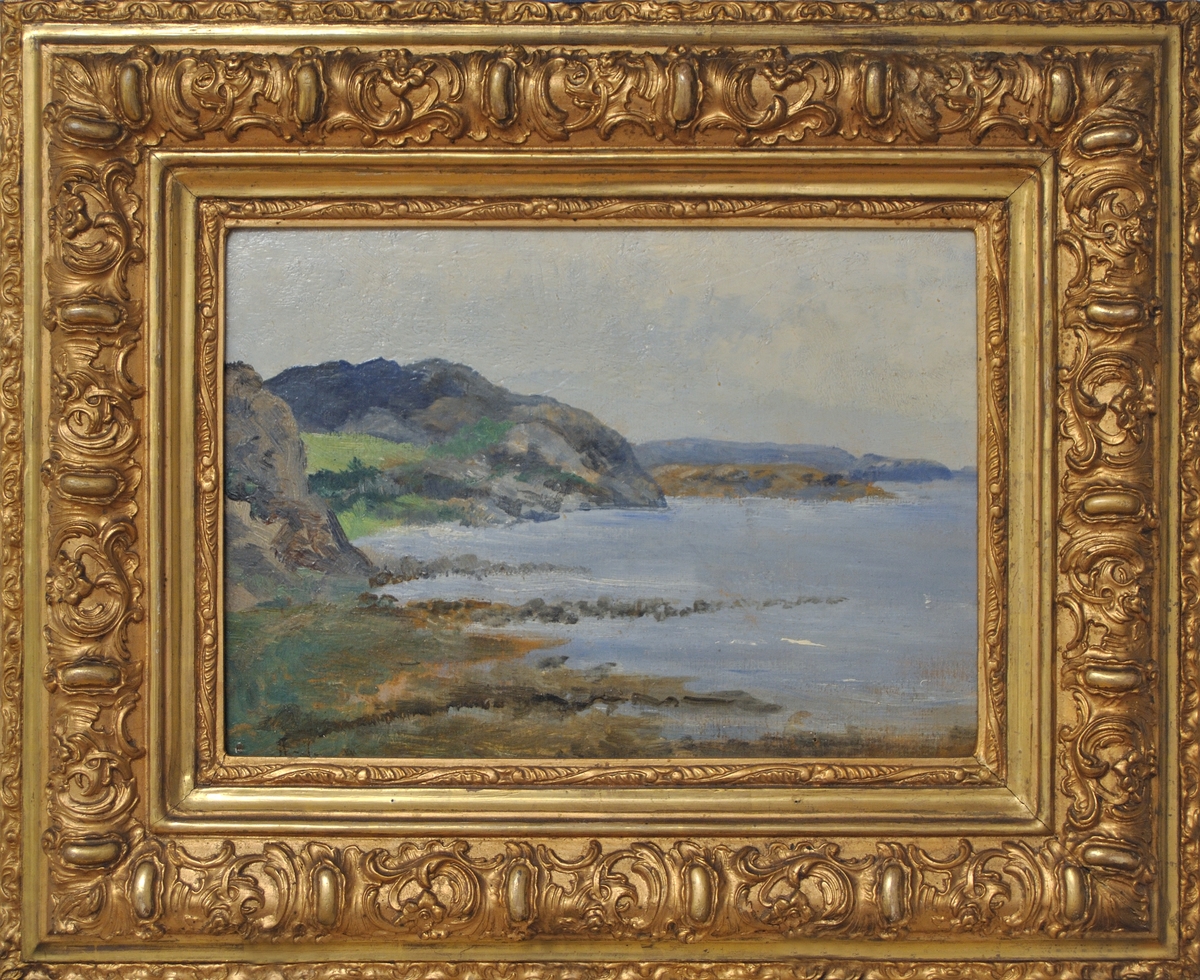 Oljemålning av Axel Lindman. Dedikation av konstnären a tergo: "Till Lisa från Axel 19/11 1898"
Förgylld originalram.