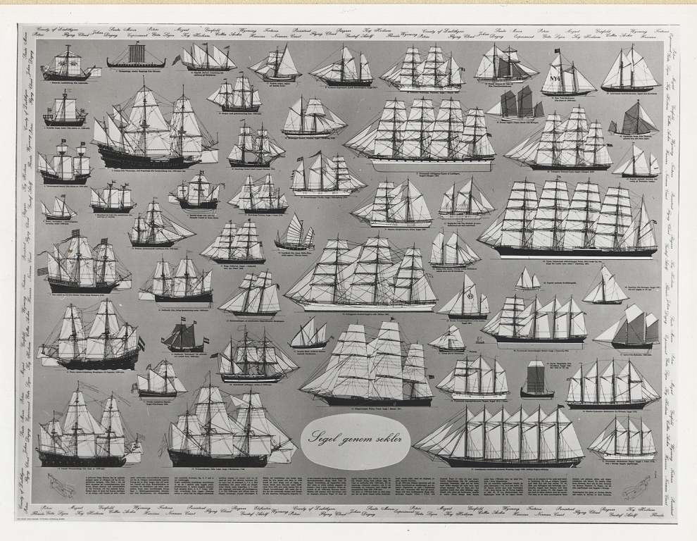 Tryckt plansch uppfodrar på kartong. "Segel genom sekler" av Gordon MacFie.  Ugör en av fartygsbilderna från bokverket "Segel genom sekler" av Gordon MacFie.