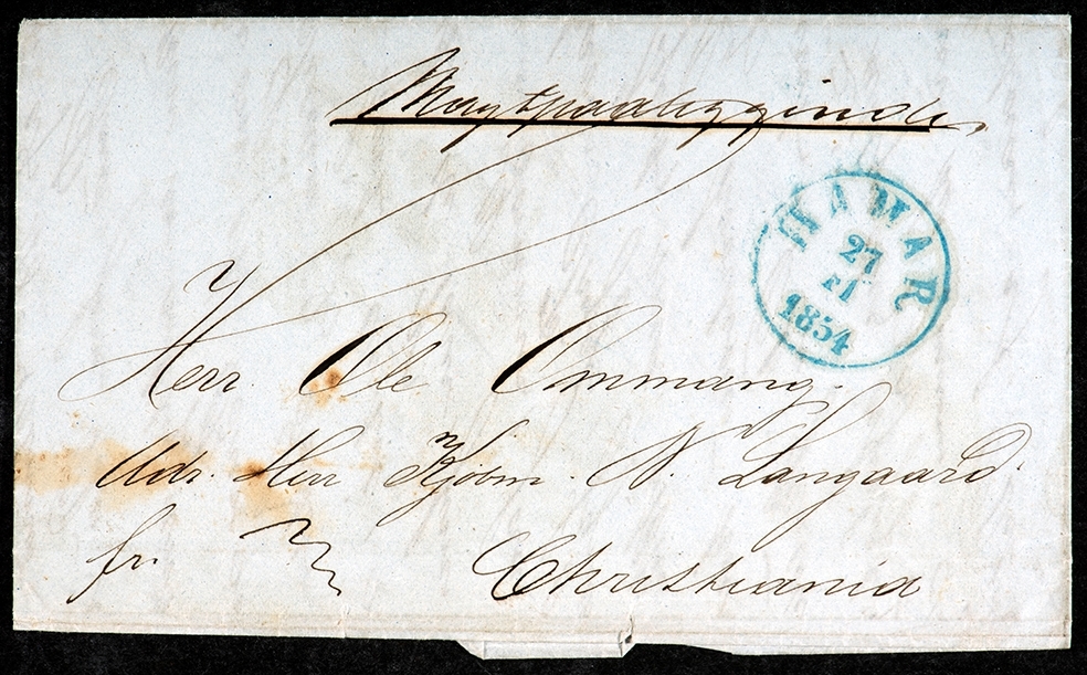 Konvolutt, brev sendt Ole Ommang Christiania, stemplet  Hamar.1854.