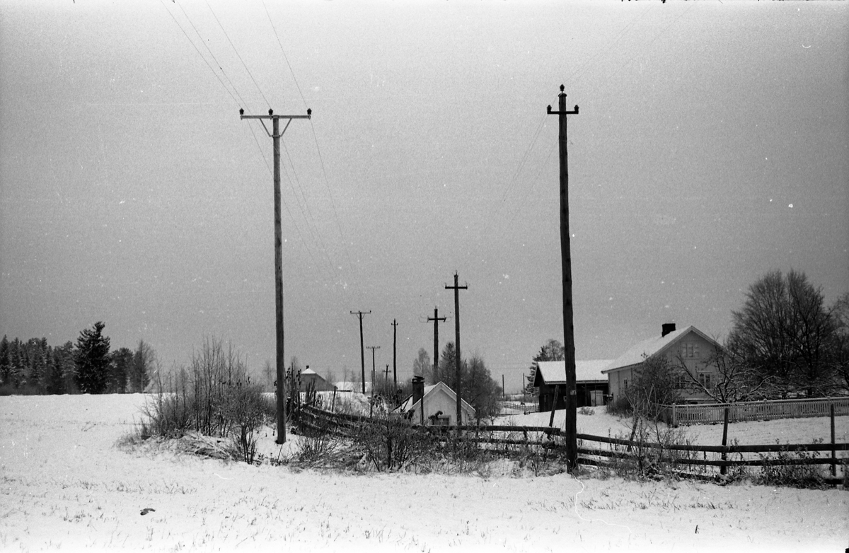 Lysslinje under etablering eller utbedring vest for Kapphøgdavegen ved Lillo i Østre Toten høsten 1944. Serie på 8 bilder. På bilde nr. 1 ser en nærmest og til høyre eiendommen Solberg (mørkt hus), og det lyse huset litt bakenfor er Moe. Til venstre i bildet, oppunder skogkanten, skimtes Sigstad.