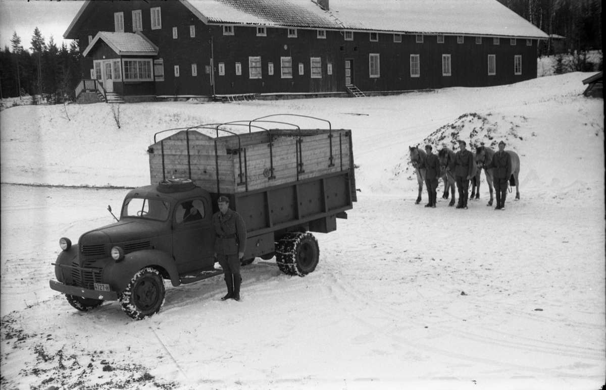 Hestetransport med lastebil ved Hærens Hesteskole på Starum oktober 1948. Serie på 18 bilder.
Iflg. informant ble bilder av denne typen brukt til å lage instruksjonshefter/lærebøker til bruk for Hærens hestetjeneste. Se også TMF-4844 og TMF-4864.