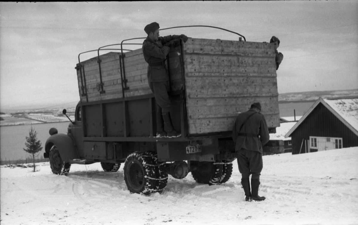 Hestetransport med lastebil ved Hærens Hesteskole på Starum oktober 1948. Serie på 18 bilder.
Iflg. informant ble bilder av denne typen brukt til å lage instruksjonshefter/lærebøker til bruk for Hærens hestetjeneste. Se også TMF-4844 og TMF-4864.