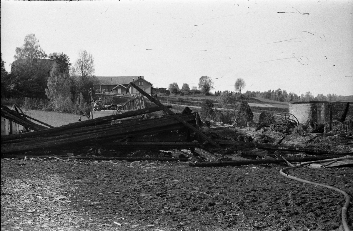 Branntomt etter låve- og stabbursbrann på Helgestad Store Vestre i Totenvika 29.september 1950. Totens Blad skrev at "En del avling, redskaper og 10 grisunger strøk også med". Serie på 14 bilder.