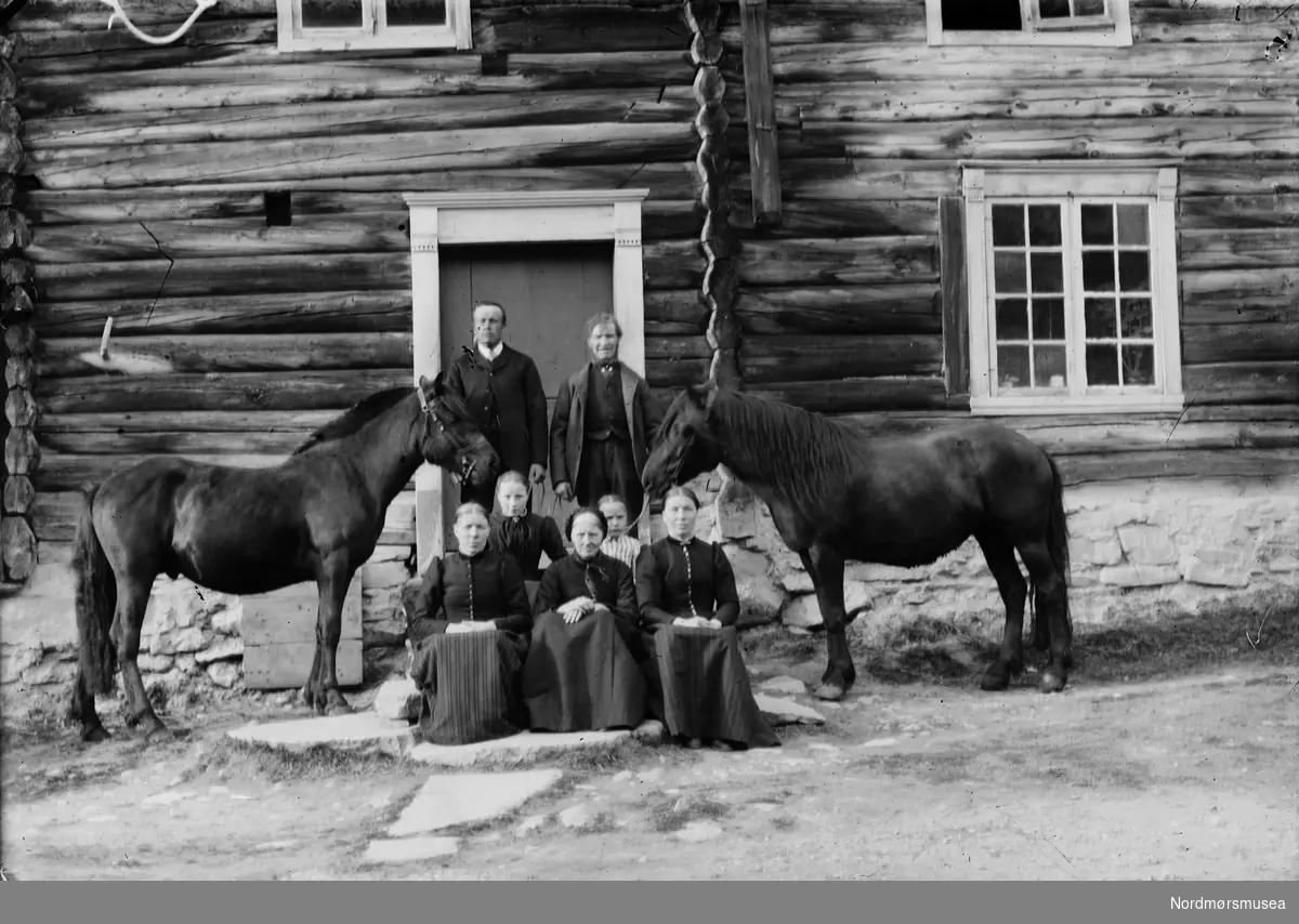 Gruppe mennesker samlet på trappen til et våningshus, her avbildet sammen med to hester. Fra Sunndal museumslags fotosamlinger.