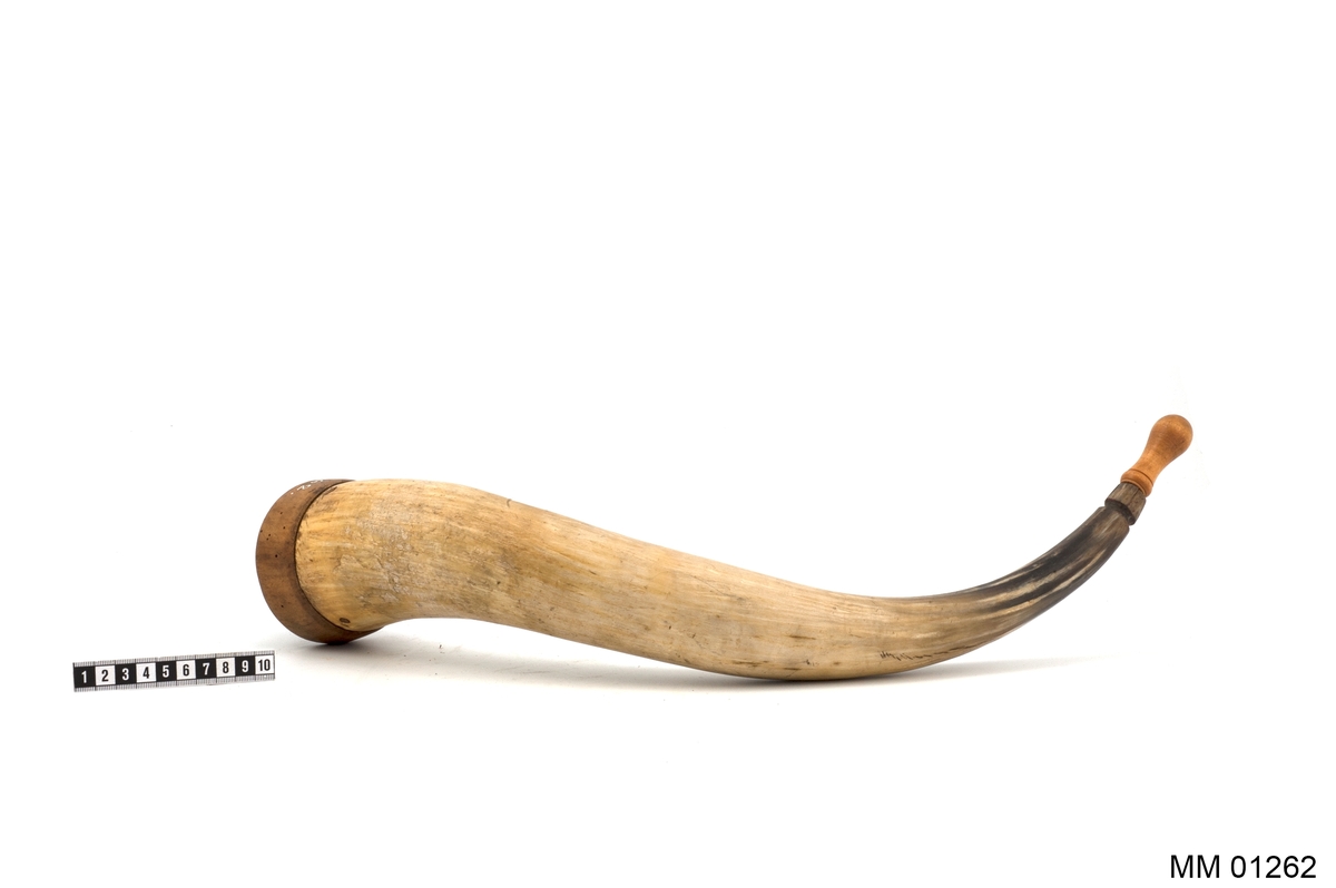 Kruthorn av horn med lock och propp av trä.