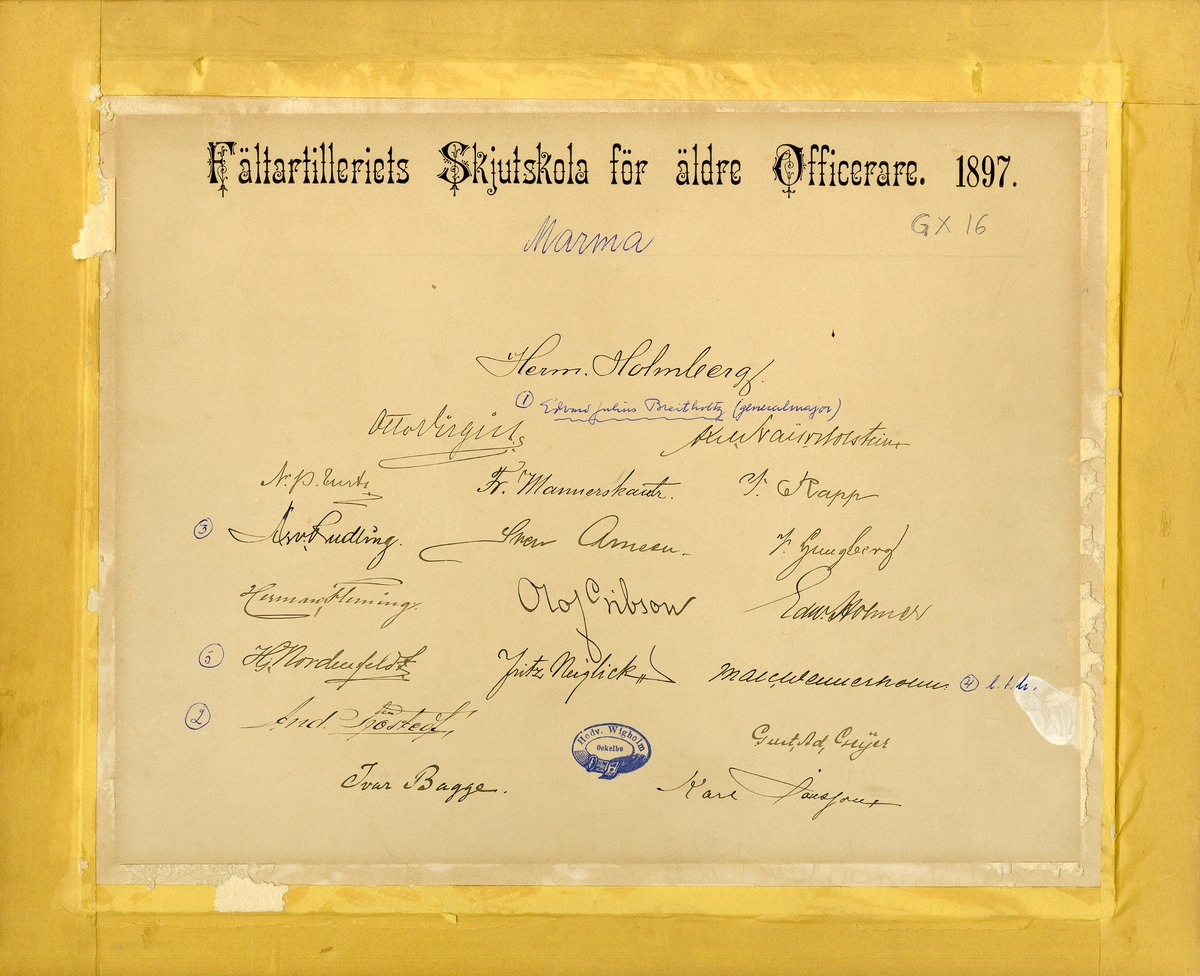 Fältartilleriets skjutskola för äldre officerare, Marma skjutfält 1897.
För namn, se bild nr. 3.