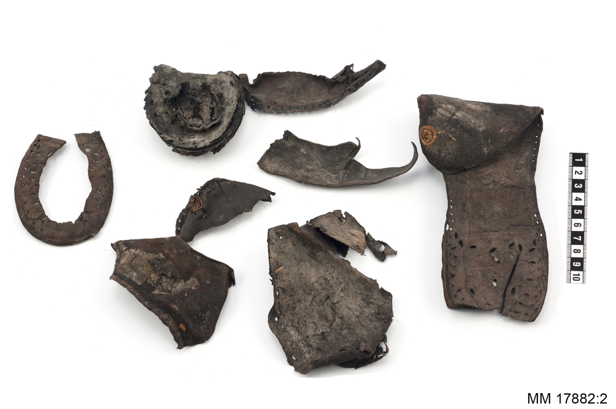 Sjöfynd från vraket Nya Riga. 16 fragment av läder, flertalet tydliga rester av skor med sula och klack försedd med pliggar. Spår efter sömmar. Hälften är större fragment.

För dimensioner på de enskilda bitarna, se inventariebilaga.