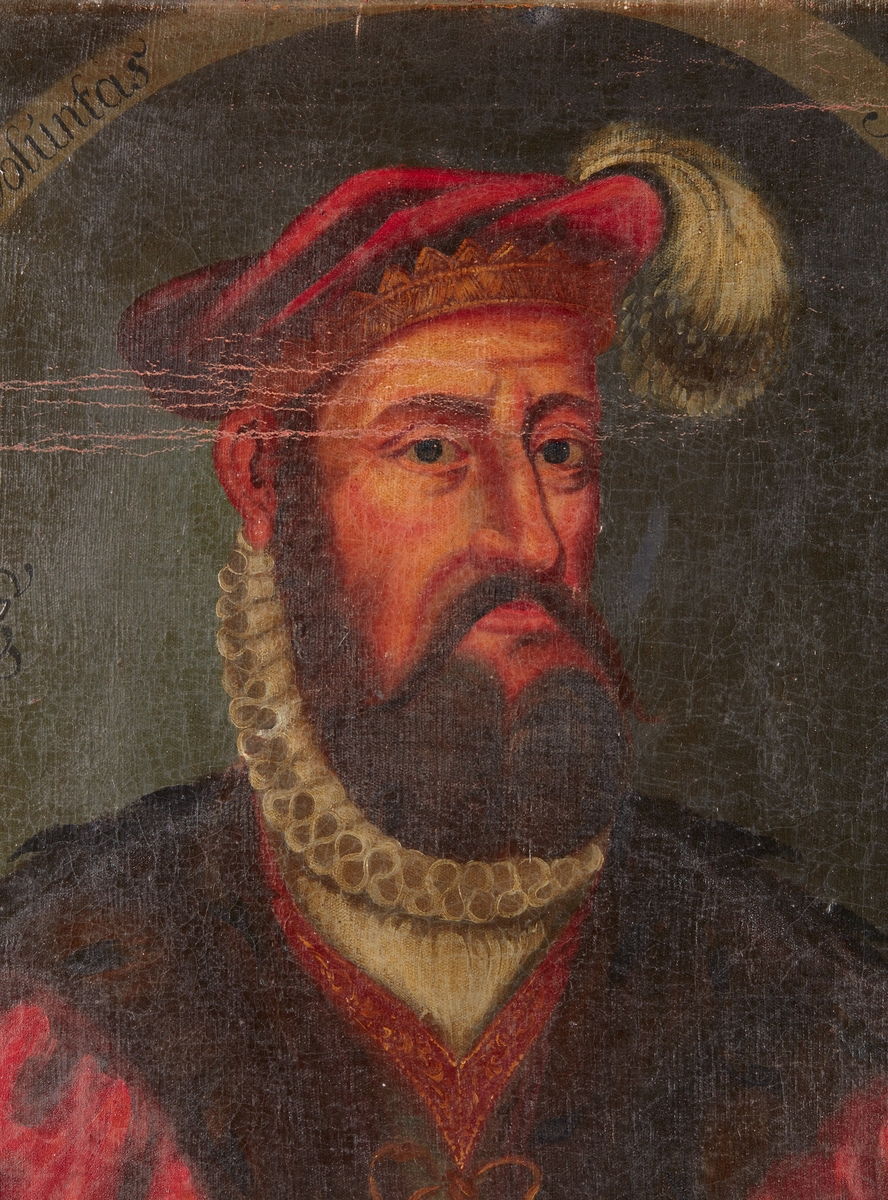 Portrett av kong Christian 3 av Danmark-Norge i drakt med pipekrage og fjærprydet hatt.